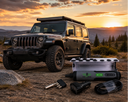 Black Jeep Wrangler Rubicon with roof rack parked at sunset, alongside TopLift Pros hardtop removal tool kit with car charger and cable.