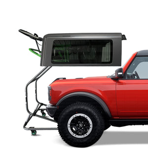 Picture of TopLift Pros Tool storing a Ford Bronco hardtop over the hood.