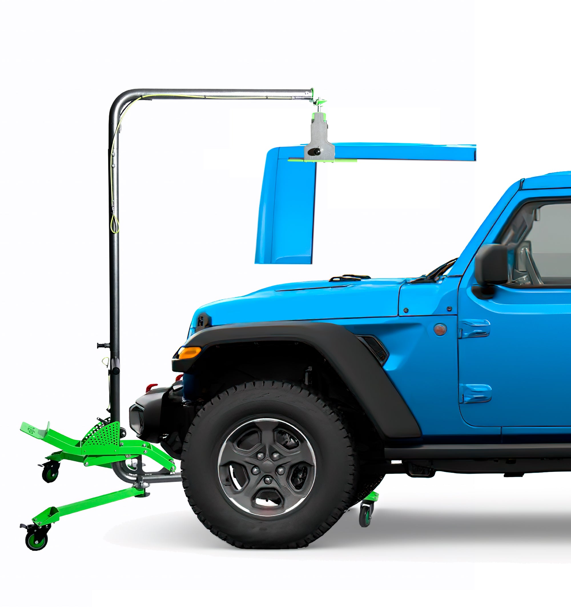 Picture of TopLift Pro 's Gladiator Pro Top Removal Tool storing a Jeep Wrangler hardtop above the hood of vehicle.