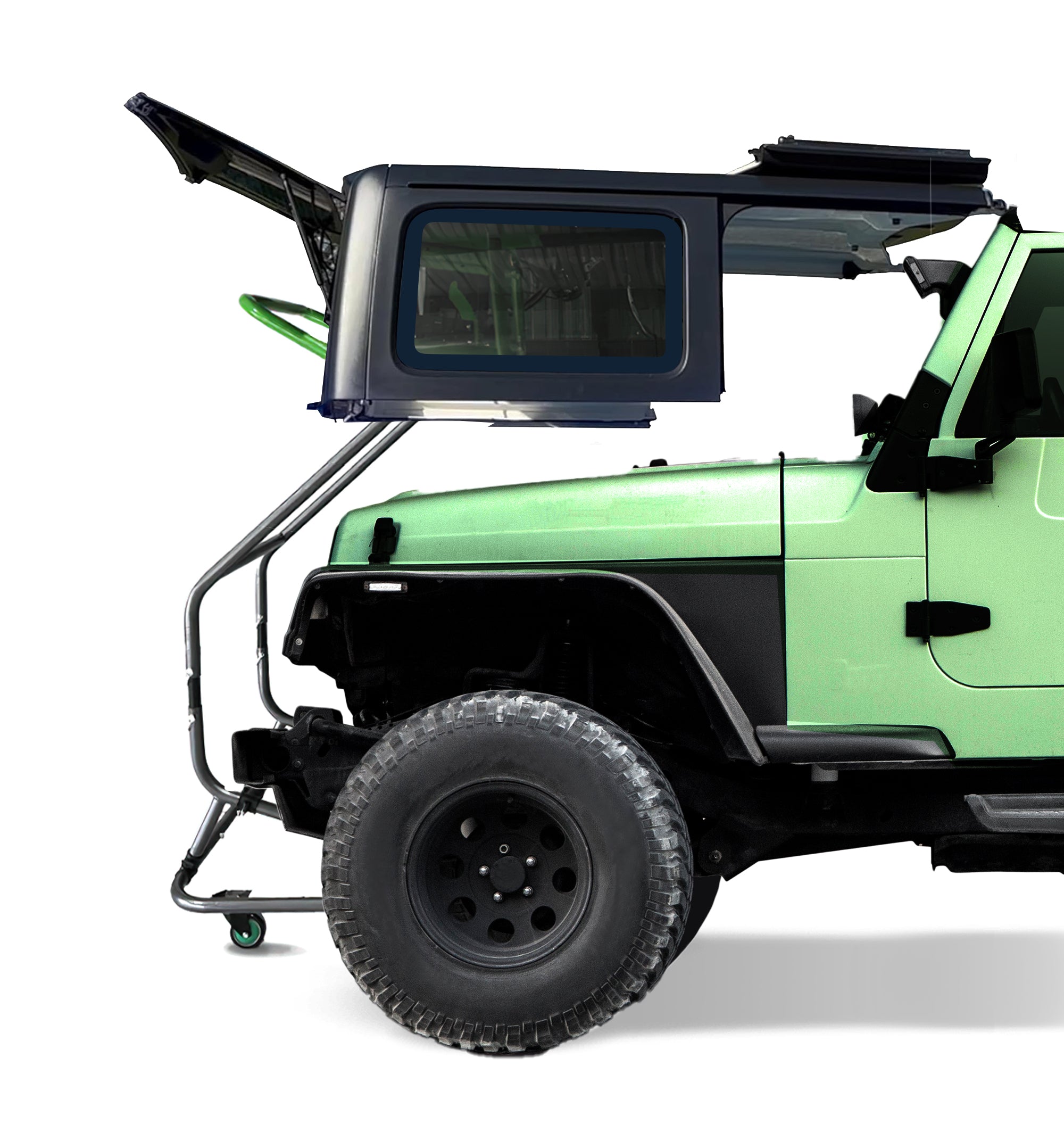 Picture of TopLift Pro Hardtop Removal Tool for Jeep Wrangler storing the hardtop above the hood