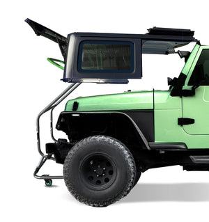 Picture of TopLift Pro Hardtop Removal Tool for Jeep Wrangler storing the hardtop above the hood