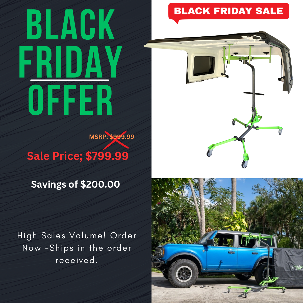 TopLift Pros Venture Pro Jeep® Wrangler & Ford Bronco® 4-Door Hardtop Removal Lift/Hoist