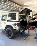 LIFTnGO hardtop removal and storage tool for Jeep Wrangler and Ford Bronco, shown in use with the product displayed.