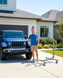 TopLift Pros LIFTnGO hardtop removal and storage tool shown with Jeep Wrangler and Ford Bronco in a lifestyle setting.